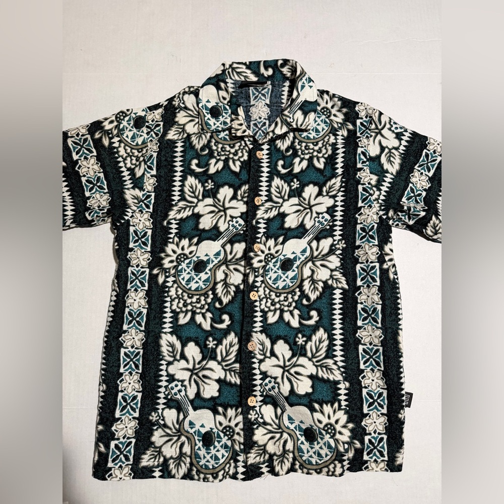 vtg odo brand guitar print hawaiian ss button up shirt,‎ men's medium #1248